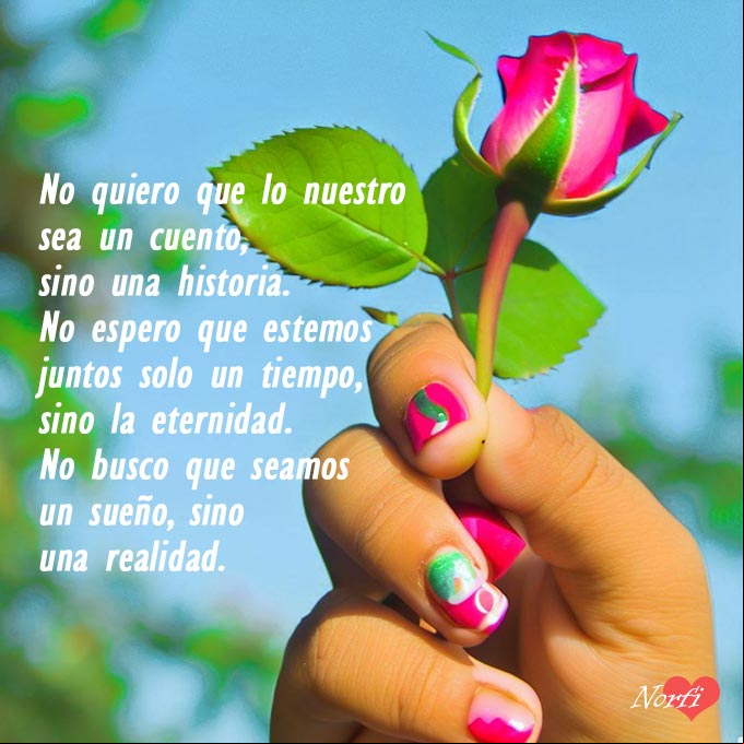 No quiero que lo nuestro sea un cuento, sino una historia. No espero que estemos juntos solo un tiempo, sino la eternidad. No busco que seamos un sueño, sino una realidad Capullo de rosa con poema para una relación