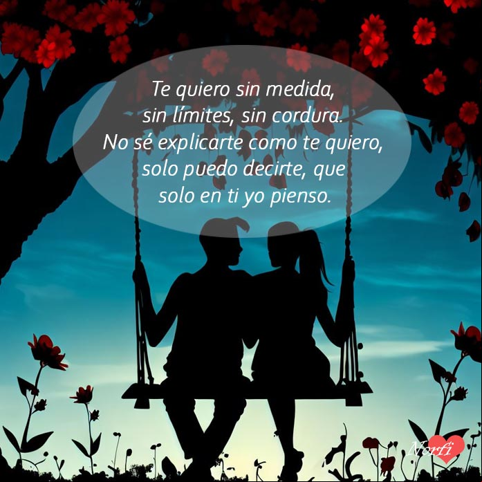 Te quiero sin medida, sin límites, sin cordura. No sé explicarte como te quiero, solo puedo decirte, que solo en ti yo pienso Silueta de dos enamorados sentados en un columpio bajo arbol