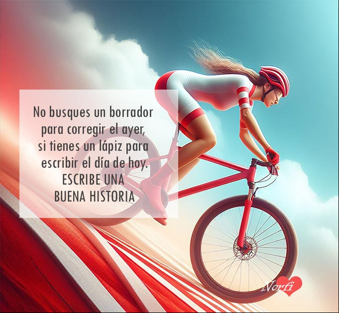 No busques un borrador para corregir el ayer, si tienes un lápiz para escribir el día de hoy. Escribe una buena historia Chica en una bicicleta