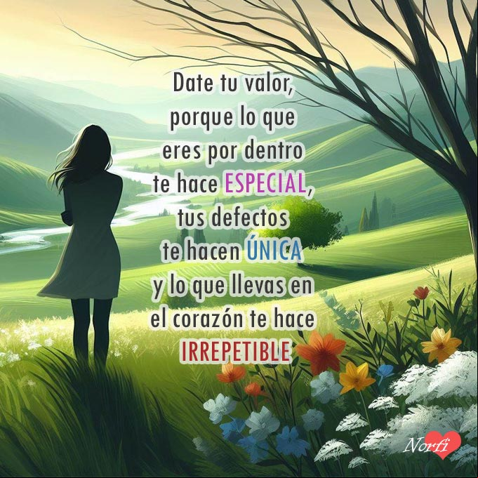 Date tu valor, porque lo que eres por dentro te hace especial, tus defectos te hacen única y lo que llevas en el corazón te hace irrepetible. Mujer sola mirando el paisaje