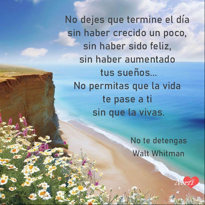 'No permitas que la vida te pase a ti sin que la vivas'. Poema No te detengas, Walt Whitman Paisaje de una playa con acantilado, flores y el mar, con poema de Walt Whitman