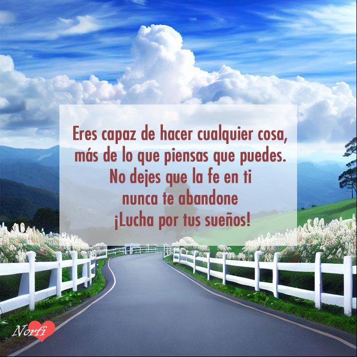 Eres capaz de hacer cualquier cosa, mucho más de lo que piensas que puedes. No dejes que la fe en ti nunca te abandone. ¡Lucha por tus sueños! Carretera con flores y cerca blanca