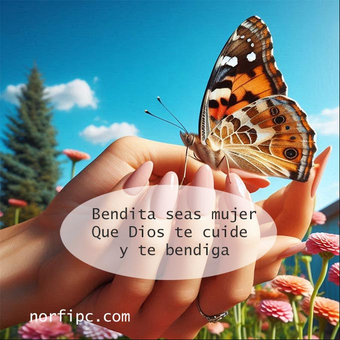Bendita seas mujer, que Dios te cuide y te bendiga Mariposa posada en mano abierta de una mujer