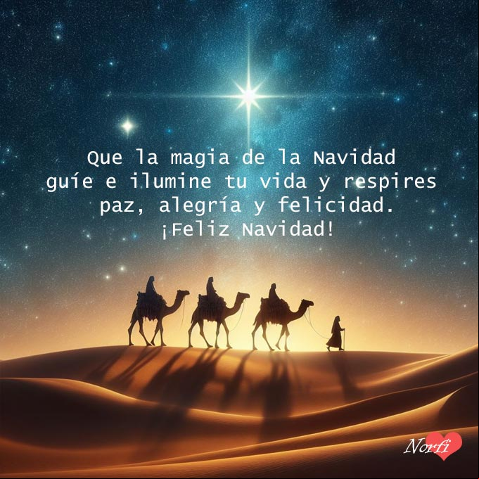 Que la magia de la Navidad guíe e ilumine tu vida y respires paz, alegría y felicidad. ¡Feliz Navidad! Personas en 3 camellos por el desierto caminando hacia el lucero de belen