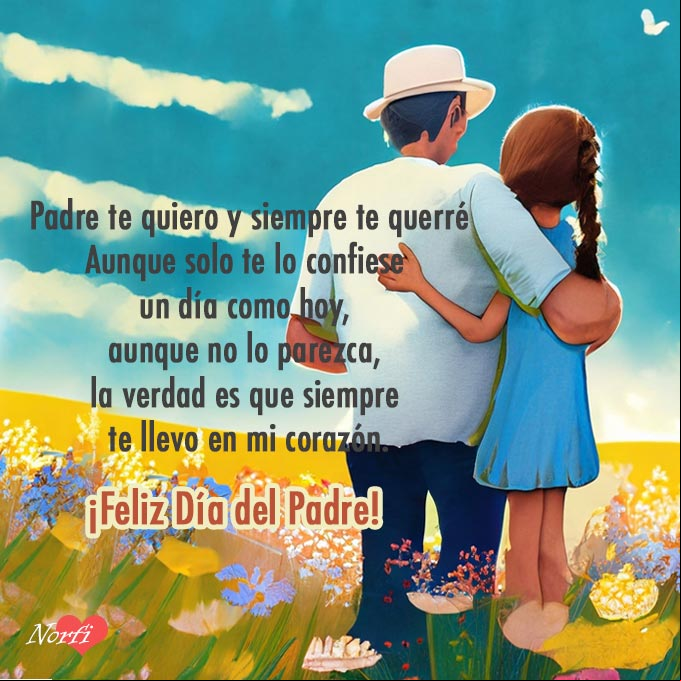 Padre te quiero y siempre te querré, poema Padre y su hija abrazados en un prado con flores