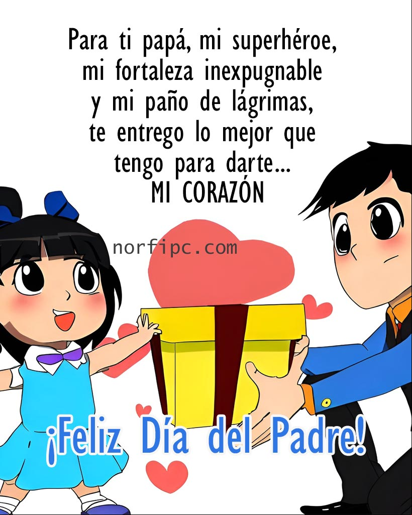 Para ti papá, mi superhéroe, mi fortaleza inexpugnable y mi paño de lágrimas, te entrego lo mejor que tengo para darte... mi corazón. ¡Feliz Día del Padre!
Niña entregando un regalo a su Papá ei Dia del Padre