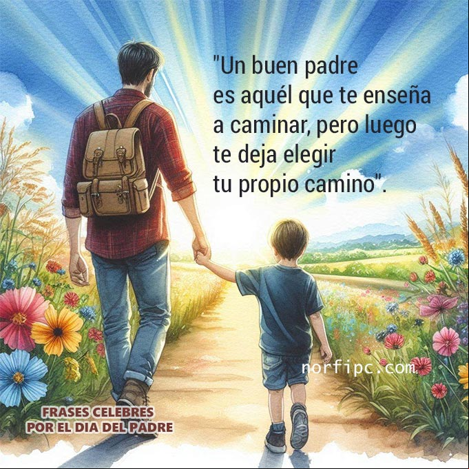 Un buen padre es aquél que te enseña a caminar, pero luego te deja elegir tu propio camino Padre llevando de la mano a su hijo por un camino