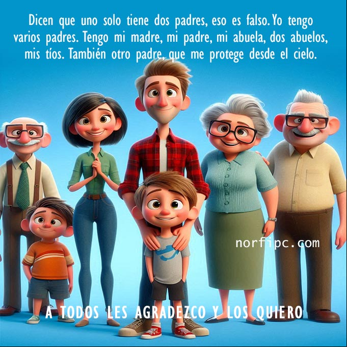 Yo tengo varios padres, a todos les agradezco y los quiero Chico rodeado de sus padres y abuelos
