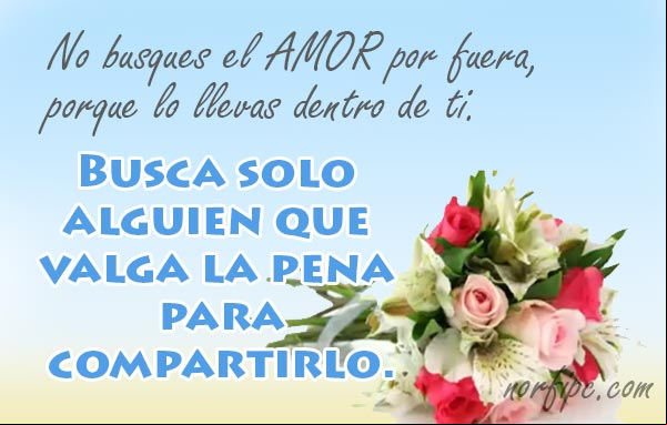 No busques el amor por fuera, porque siempre lo llevas dentro de ti. Busca solo alguien que valga la pena, para compartirlo. #ParaMiMuro No busques el amor por fuera, porque siempre lo llevas dentro de ti. Frase #ParaMiMuro