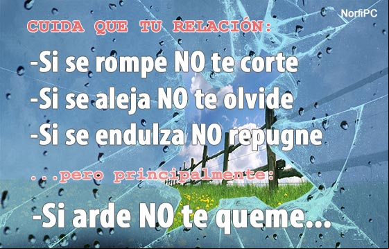 Cuida que tu relación si se rompe NO te corte, si se aleja NO te olvide, si se endulza NO repugne, pero principalmente: si arde NO te queme Frases reales sobre el amor y las relaciones de pareja