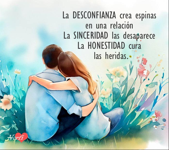 La DESCONFIANZA crea espinas en una relación, la SINCERIDAD las desaparece, la HONESTIDAD cura las heridas Pareja abrazados sobre el cesped con flores