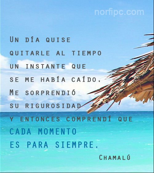 Un día quise quitarle al tiempo un instante que se me había caído, me sorprendió su rigurosidad y entonces comprendí que cada momento es para siempre. Frase de Chamalú Pensamiento sobre la felicidad de Chamalú