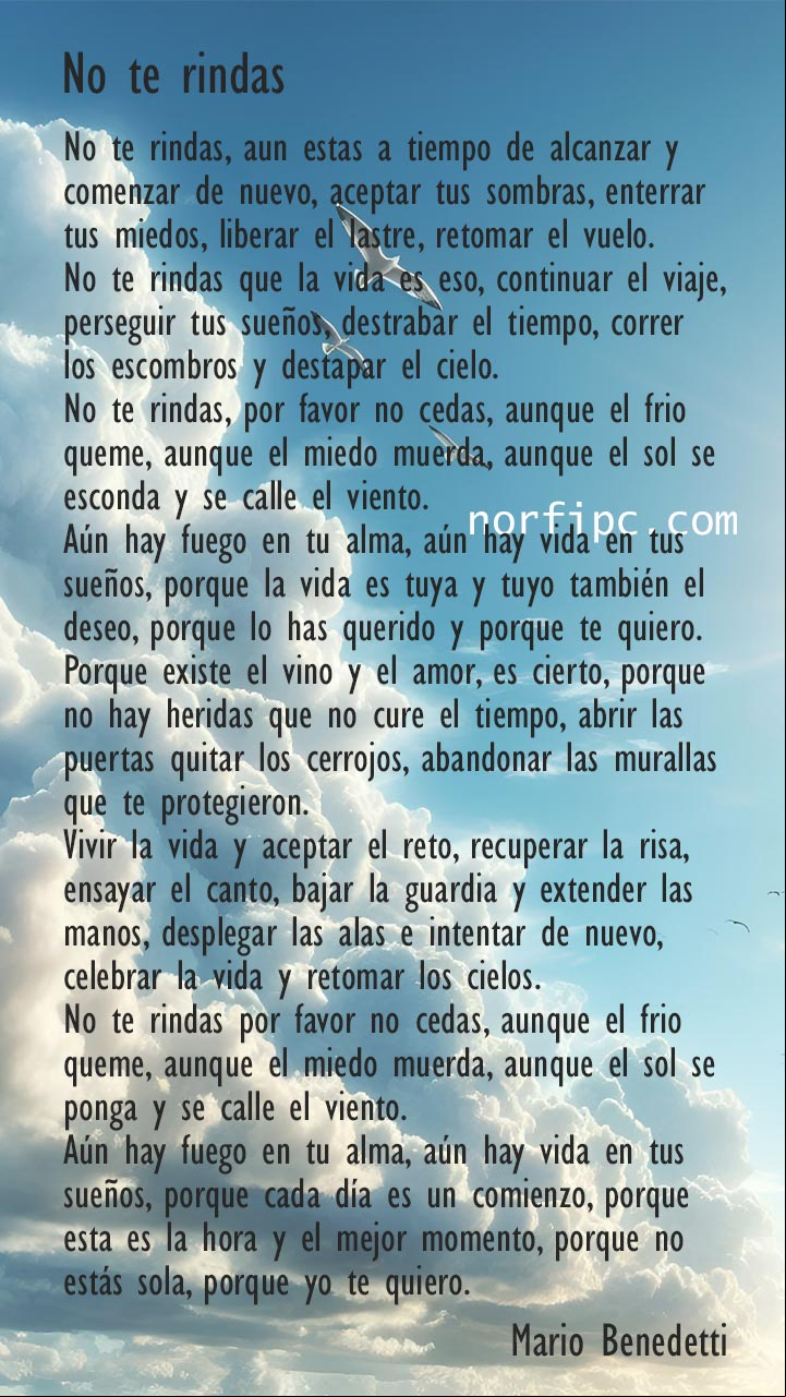 Poema de Mario Benedetti, No te rindas Paisaje de nubes y cielo azul
