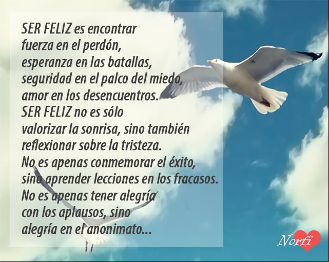 Ser feliz es encontrar fuerza en el perdón, esperanza en las batallas, seguridad en el palco del miedo, amor en los desencuentros... del poema Ser Feliz Del poema Ser Feliz, sobre el perdon, la esperanza y el desencuentro