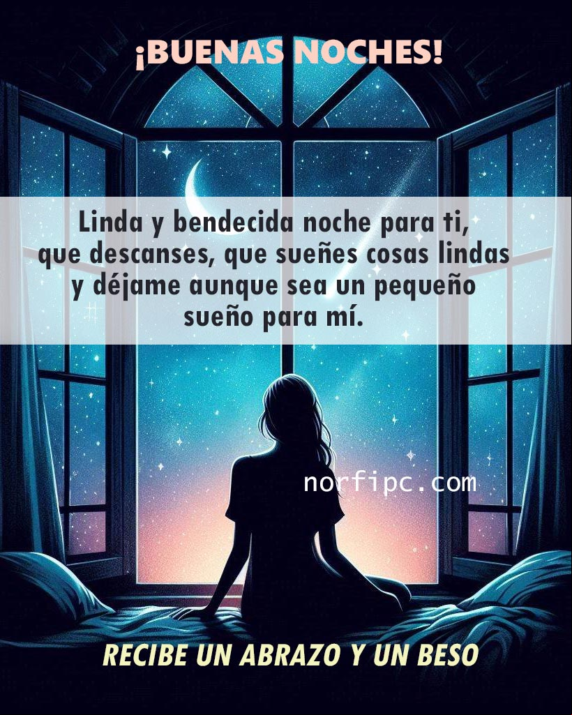 Linda y bendecida noche para ti, que descanses, que sueñes cosas lindas y déjame aunque sea un pequeño sueño para mí Silueta de una persona en una ventana mirando hacia afuera, cielo estrellado, luna y un cometa