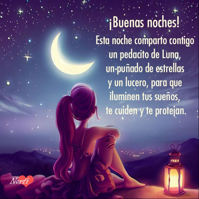 Esta noche comparto contigo un pedacito de Luna, un puñado de estrellas y un lucero, para que iluminen tus sueños, te cuiden y te protejan Chica sentada en una noche estrellada con Luna y un lucero