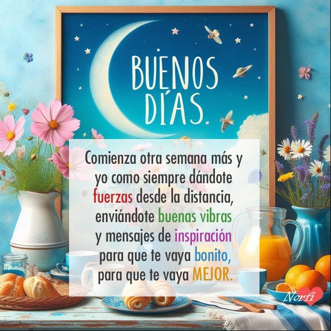 Comienza otra semana más y yo como siempre dándote fuerzas desde la distancia, enviándote buenas vibras y mensajes de inspiración para que te vaya bonito Imagen con flores, dulces para desayunar y mensaje de buenos días