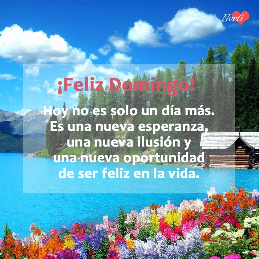 Hoy no es solo un día más. Hoy es una nueva esperanza, una nueva ilusión y una nueva oportunidad de ser feliz en la vida Paisaje alpino con un lago, montañas y flores con mensaje para el domingo