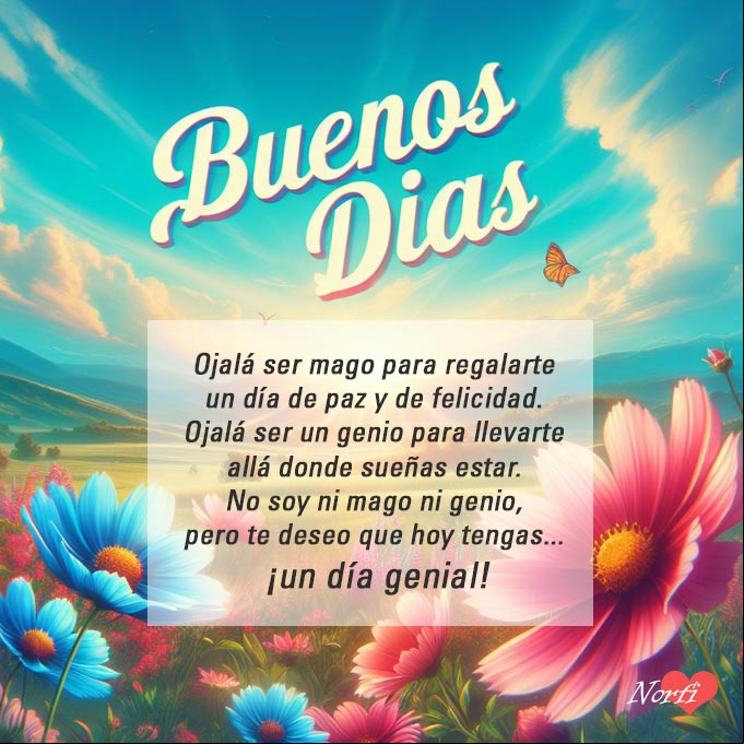 Ojalá ser mago para regalarte un día de paz y de felicidad. Ojalá ser un genio para llevarte allá donde sueñas estar. No soy ni mago ni genio, pero te deseo que hoy tengas un día genial Paisaje de prado con flores al amanecer