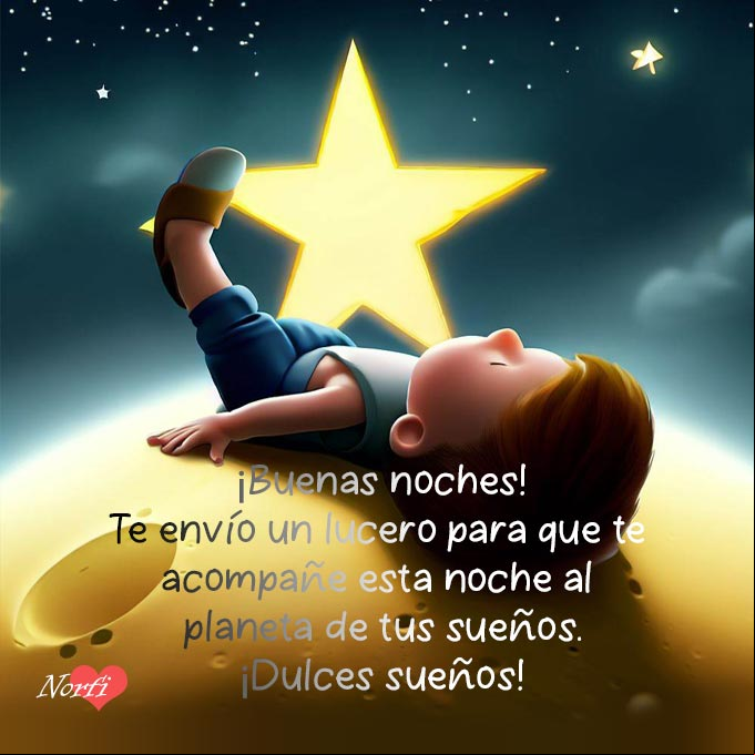 Te envío un lucero para que te acompañe esta noche al planeta de tus sueños. ¡Dulces sueños! Chico sobre un planeta durmiendo