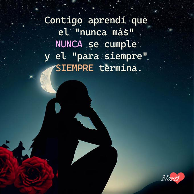 Contigo aprendí que en el amor el 'nunca más' NUNCA se cumple y el 'para siempre' SIEMPRE termina Persona sentada pensando bajo la luna y las estrellas