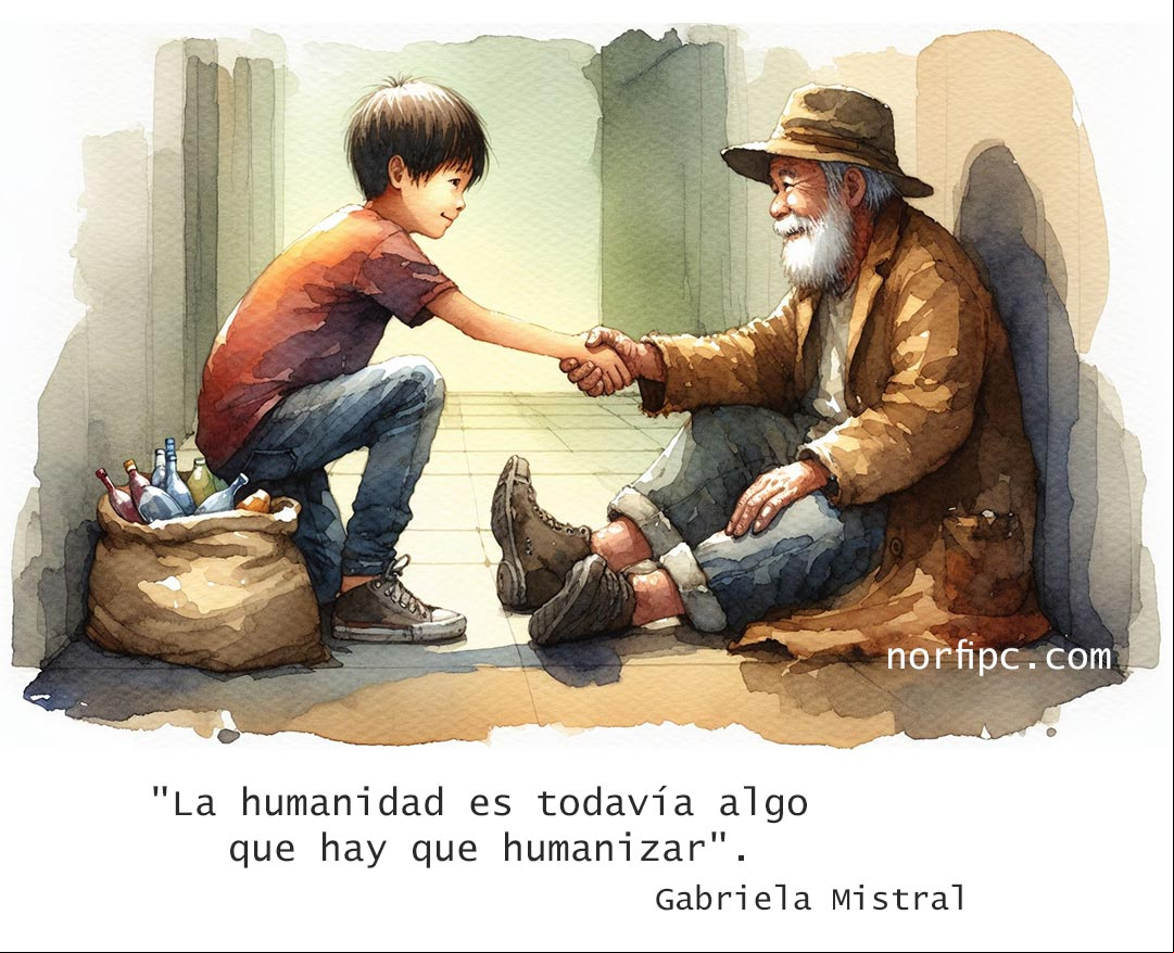 La humanidad es todavía algo que hay que humanizar. Frase de Gabriela Mistral Chico dándole la mano a un vagabundo anciano en el piso