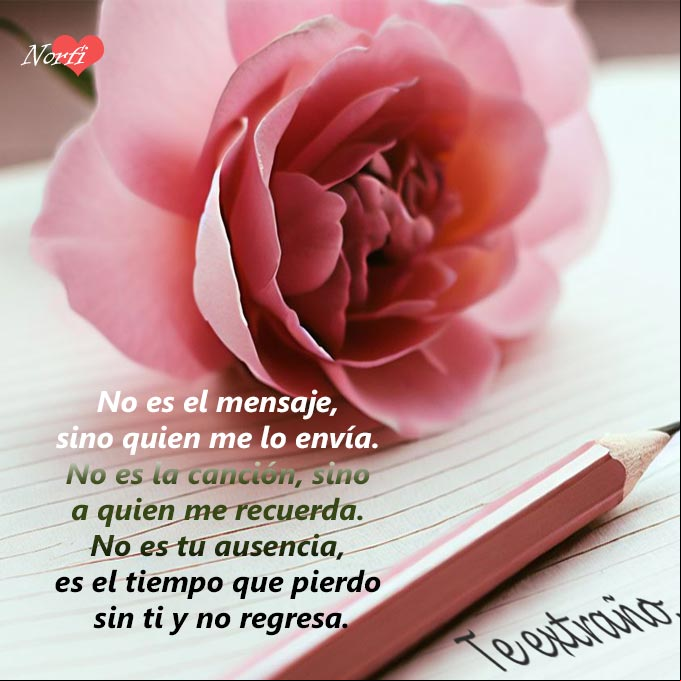 No es el mensaje, sino quien me lo envía. No es la canción, sino a quien me recuerda. No es tu ausencia, es el tiempo que se pierde sin ti y no regresa Postal co mensaje para el dia de los enamorados