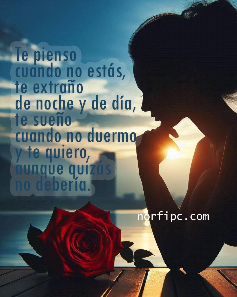 Te pienso cuando no estás, te extraño de noche y de día, te sueño cuando no duermo y te quiero, aunque quizás no debería Mujer pensativa al atardecer