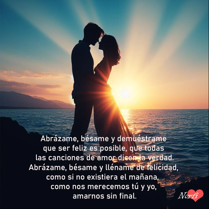 Abrázame, bésame y lléname de felicidad, poema silueta de pareja abrazados frente al mar azul al atardecer, rayos de sol