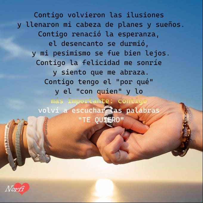 Contigo, poema de amor Mano de un hombre y una mujer enlazadas