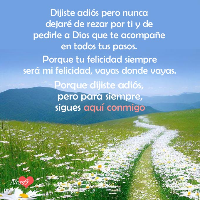 Dijiste adiós, pero sigues aquí, poema Camino en la pradera con flores que se pierde en la distancia