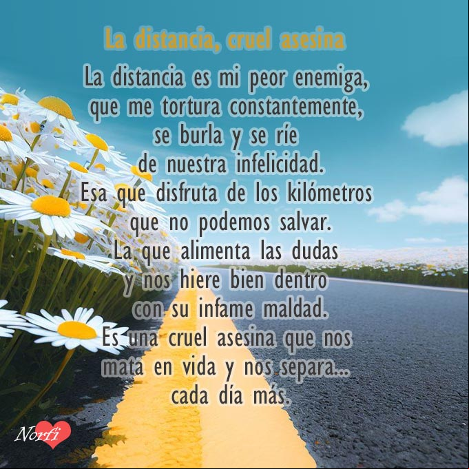 La distancia es una cruel asesina, mi peor enemiga, la que nos separa... cada día más Carretera con flores margaritas a un lado