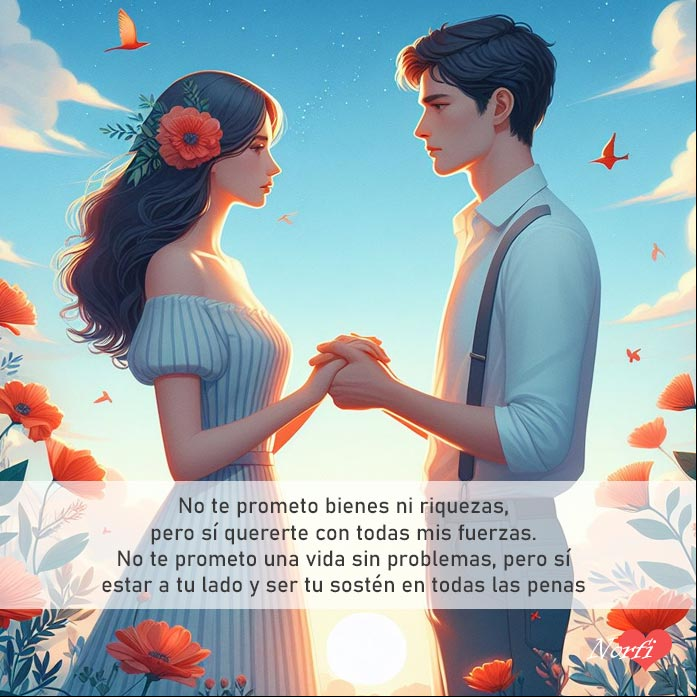 La promesa, poema de amor Una mujer y un hombre de frente mirándose tomados de la mano, de fondo flores y cielo azul