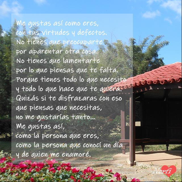 Me gustas y te quiero así, como eres, como la persona que conocí un día y de quien me enamoré. Me gustas y te quiero así como eres