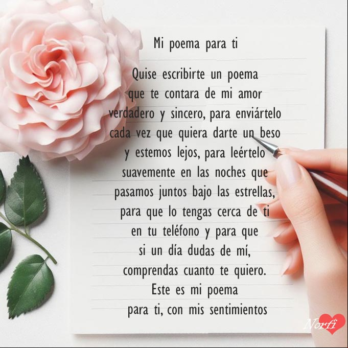Mi poema de amor para ti con mis sentimientos Mano de mujer escribiendo una nota con una rosa rosada al lado