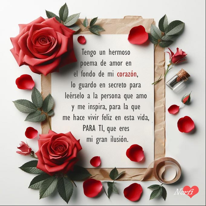 El poema mas hermoso del mundo Hoja con petalos de rosa roja a su alrededor y letras de un poema