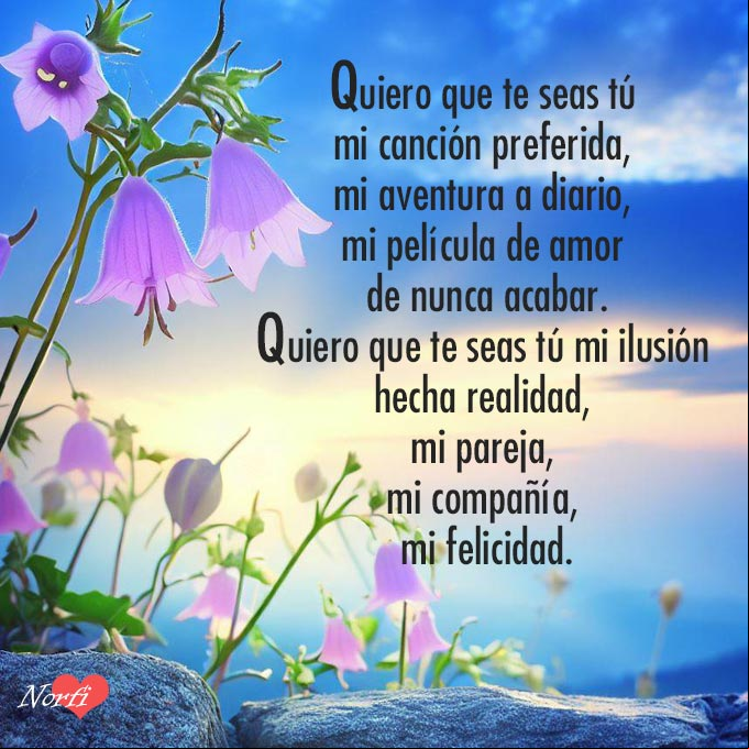 Quiero una vida a tu lado Flores de color morado con poema Quiero que seas tú