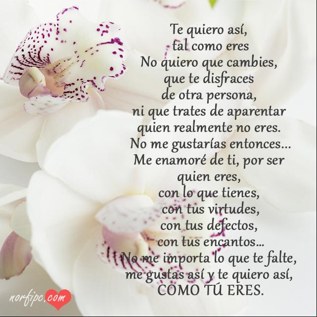 Te quiero así, tal como tú eres, no quiero ni espero nada más. #PoemaAmor Te quiero así, tal como tú eres