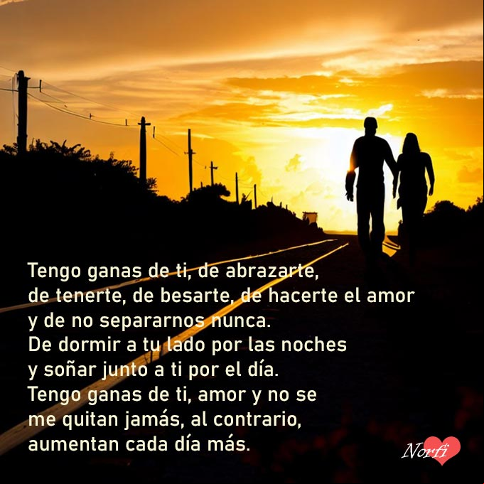 Tengo ganas de hacerte el amor, poema Silueta de una pareja caminando por la linea del tren al atardecer