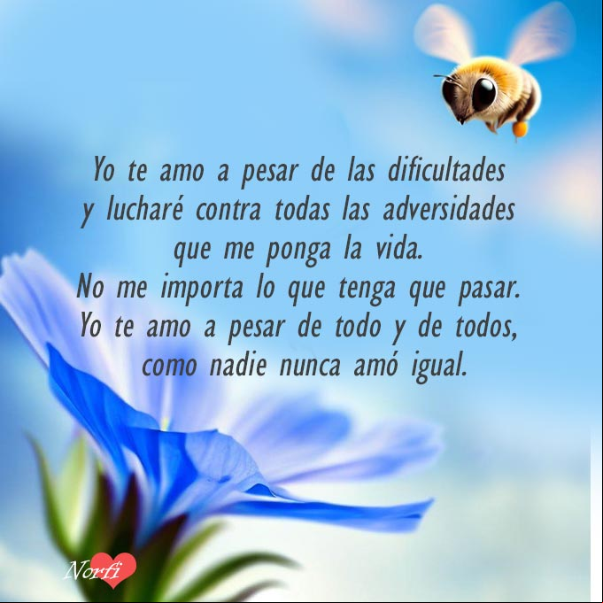 Yo te amo a pesar de las dificultades y lucharé contra todas las adversidades que me ponga la vida. No me importa lo que tenga que pasar. Yo te amo a pesar de todo y de todos, como nadie nunca amó igual Abeja y una flor