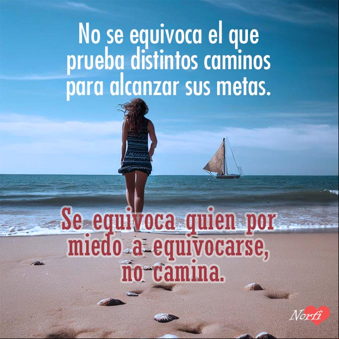 No se equivoca el que prueba distintos caminos para alcanzar sus metas. Se equivoca quien, por miedo a equivocarse, no camina Mujer de espaldas caminando por la arena en una playa