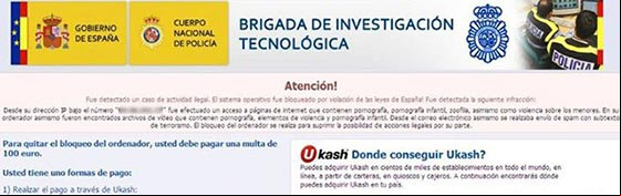 Mensaje de amenaza del virus Ransomware, tambien conocido como el virus de la Policia muy propagado en España Mensaje de amenaza del virus Ransomware