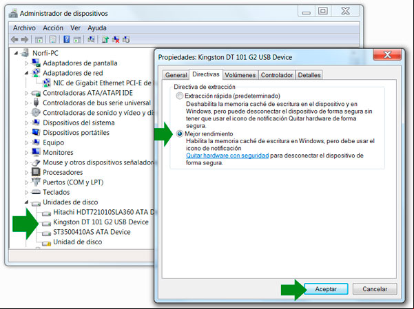 Habilitar almacenamiento en cache de un dispositivo USB