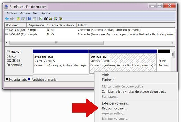 Reducir volumen en un disco duro en Windows 7