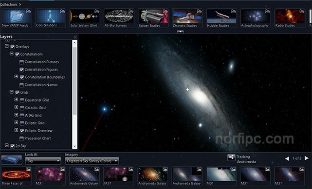 Observando la Galaxia de Andrómeda con el cliente web de WorldWide Telescope, en el navegador web Cliente web de WorldWide Telescope en el navegador web.