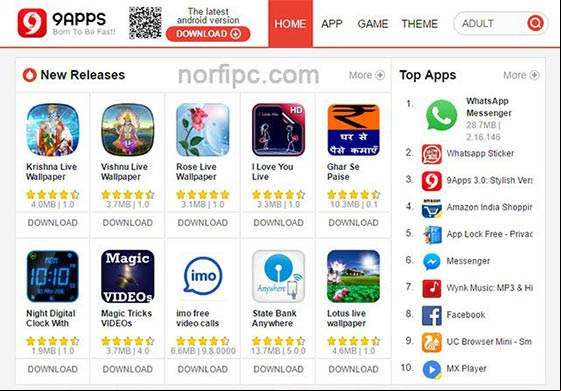 Ventana de 9Apps con las nuevas aplicaciones para Android y las más descargadas Ventana de 9Apps con las nuevas aplicaciones para Android y las más descargadas