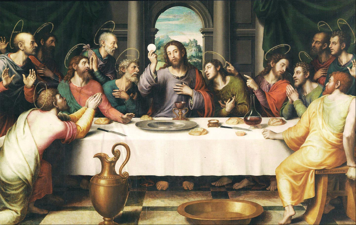 Pintura de Juan de Juanes en la que se representa la Última Cena de Jesús con los 12 Apóstoles Pintura de Juan de Juanes en la que se representa la Última Cena de Jesús con los 12 Apóstoles