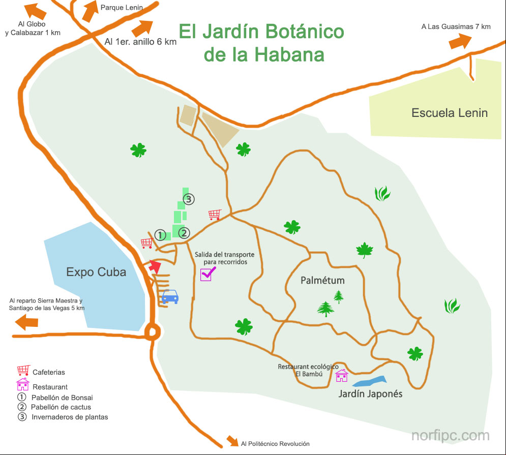 Mapa del Jardín Botánico de la Habana con su ubicación, vías de y lugares de interés Mapa del Jardín Botánico de la Habana con su ubicación, vías de y lugares de interés