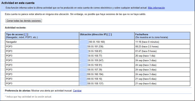 Informacion de actividad en la cuenta de gmail Ventana de configuracion de cuenta de Thunderbird