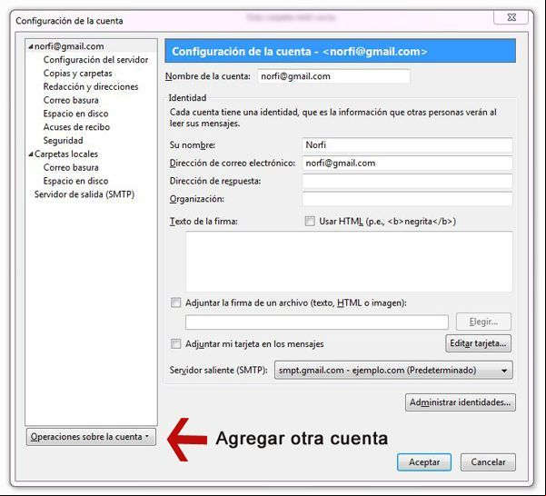 Ventana de configuracion de la cuenta de Thunderbird Ventana de configuracion de la cuenta de Thunderbird